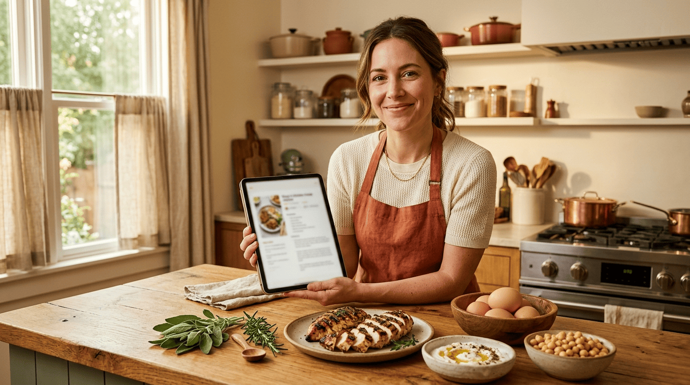 Home cook holding a tablet with a recipe, surrounded by chicken, eggs, Greek yogurt and chickpeas