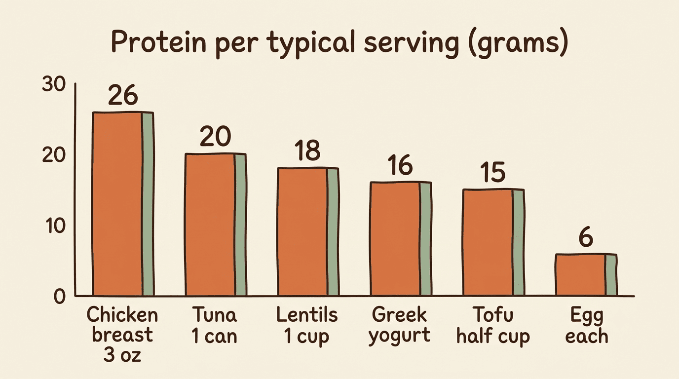 Bar chart of protein grams per serving: chicken 26, tuna 20, lentils 18, Greek yogurt 16, tofu 15, egg 6