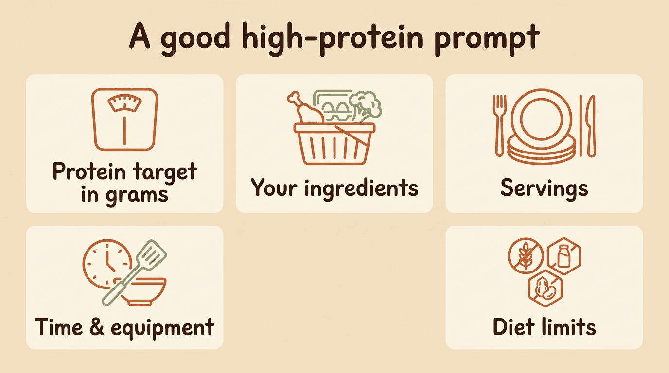 Checklist of what a good high-protein prompt includes: protein target in grams, ingredients, servings, time and equipment, diet limits