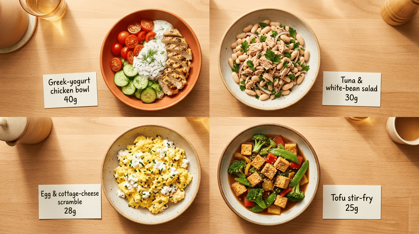 Four labeled high-protein dishes: Greek-yogurt chicken bowl 40g, tuna white-bean salad 30g, egg cottage-cheese scramble 28g, tofu stir-fry 25g
