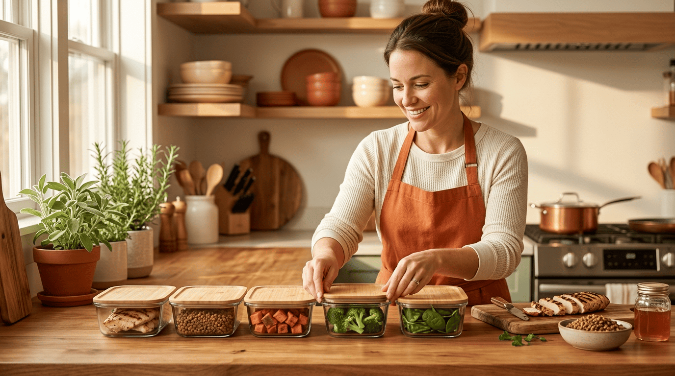 Home cook portioning grilled chicken, lentils and vegetables into a row of glass meal-prep containers