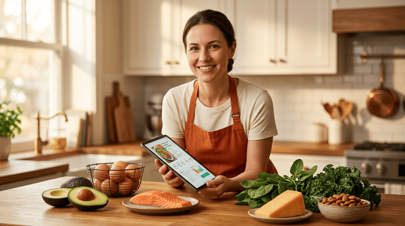 A home cook holding a tablet showing an AI-generated keto recipe, surrounded by fresh low-carb ingredients