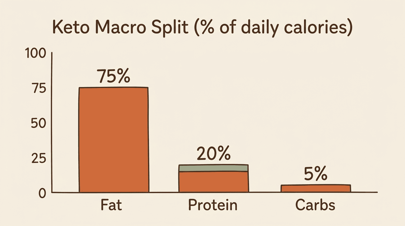Bar chart of the keto macro split: 75% fat, 20% protein, 5% carbs of daily calories