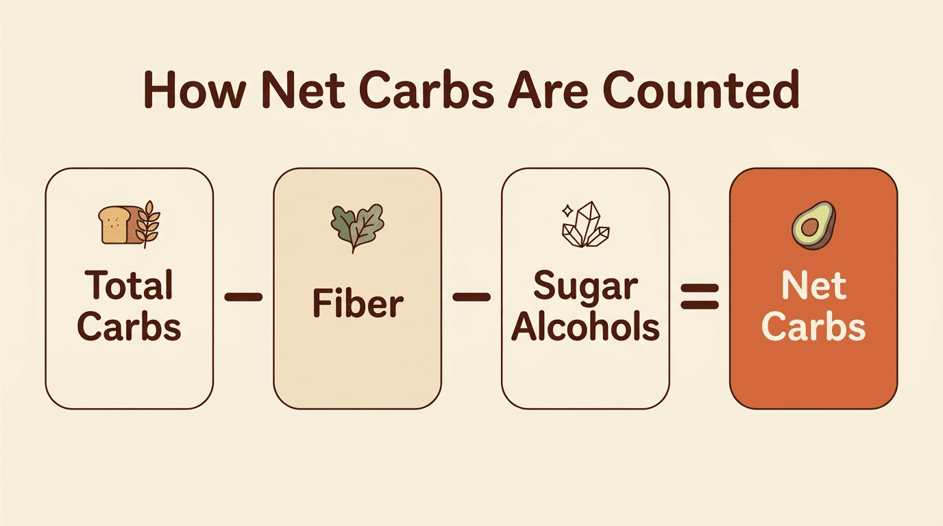 Infographic showing net carbs equals total carbs minus fiber minus sugar alcohols