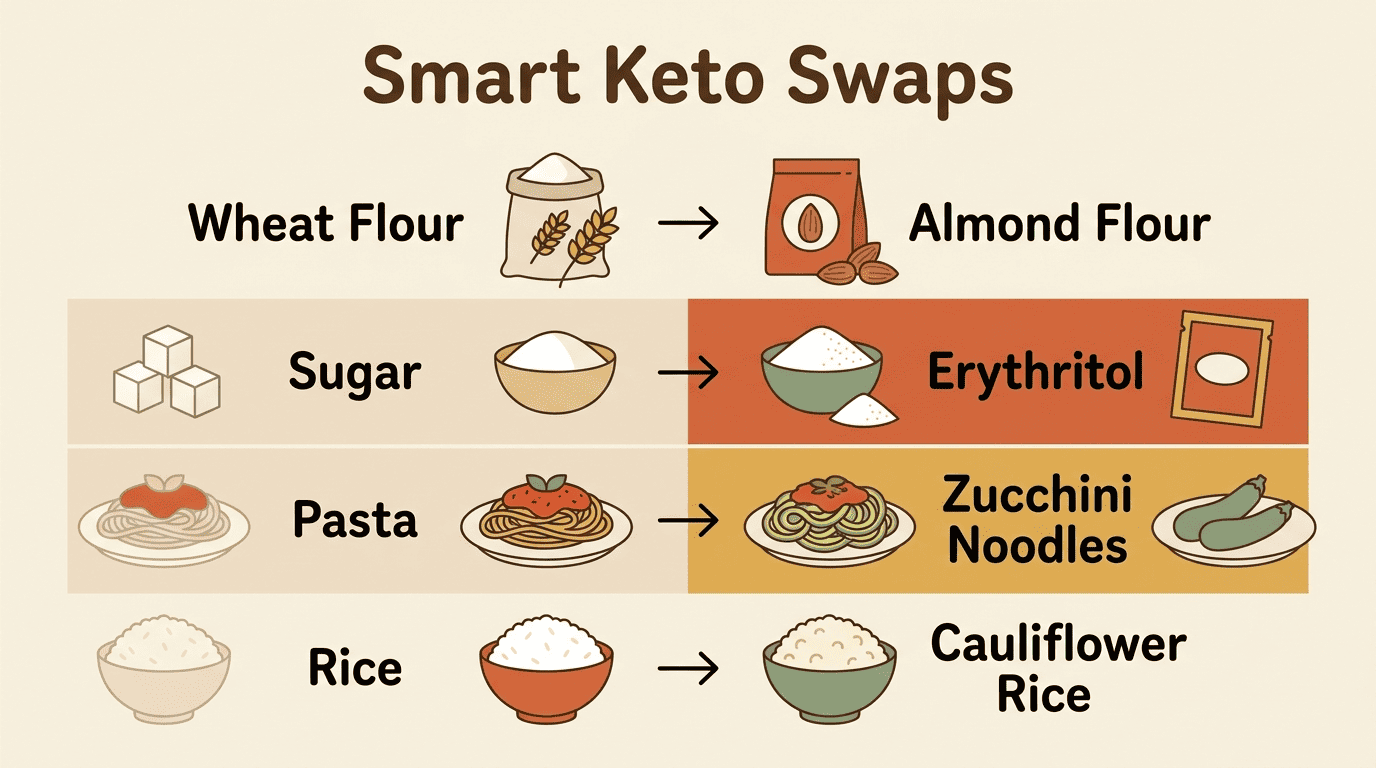 Comparison chart of keto ingredient swaps: wheat flour to almond flour, sugar to erythritol, pasta to zucchini noodles, rice to cauliflower rice