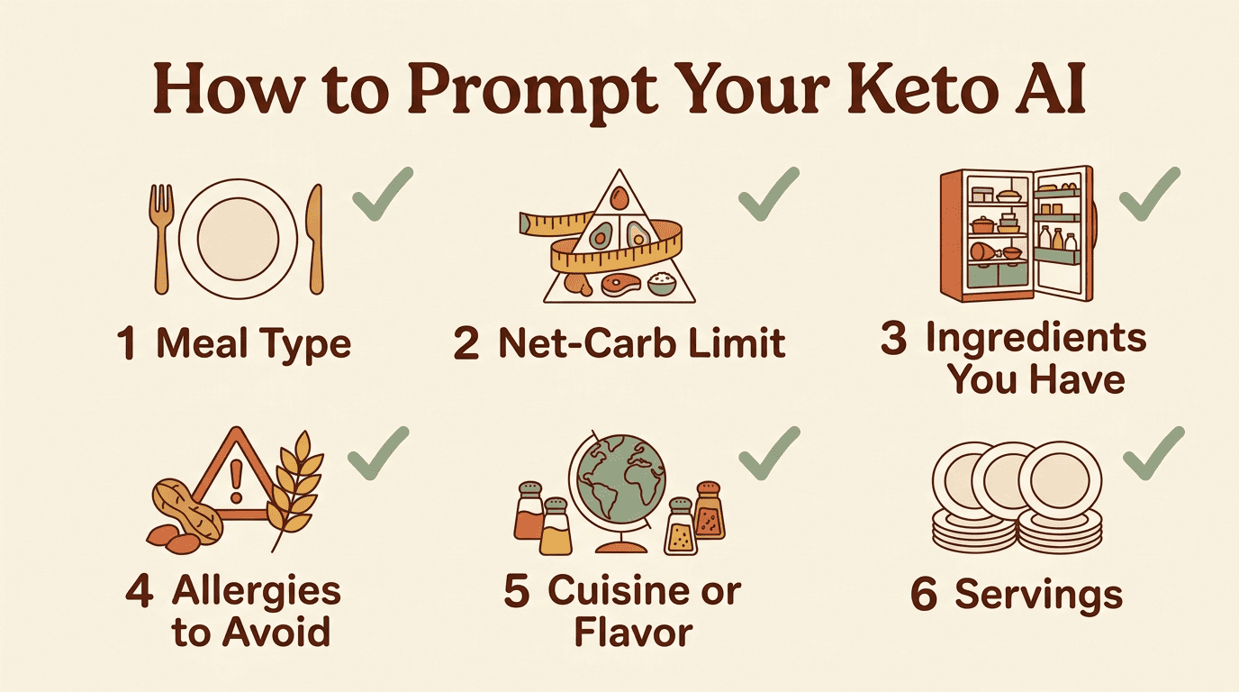 Checklist infographic of what to include when prompting a keto AI: meal type, net-carb limit, ingredients, allergies, cuisine, servings