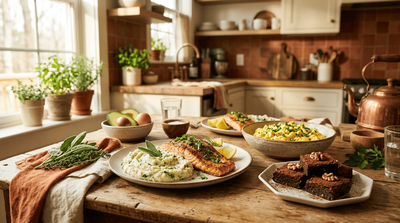 A spread of finished keto dishes: garlic-butter salmon with cauliflower mash, cream-cheese scrambled eggs, and almond-flour brownies