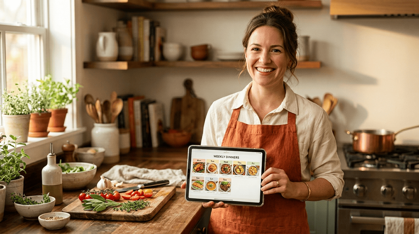 Home cook holding a tablet that shows a weekly dinner plan in a warm kitchen