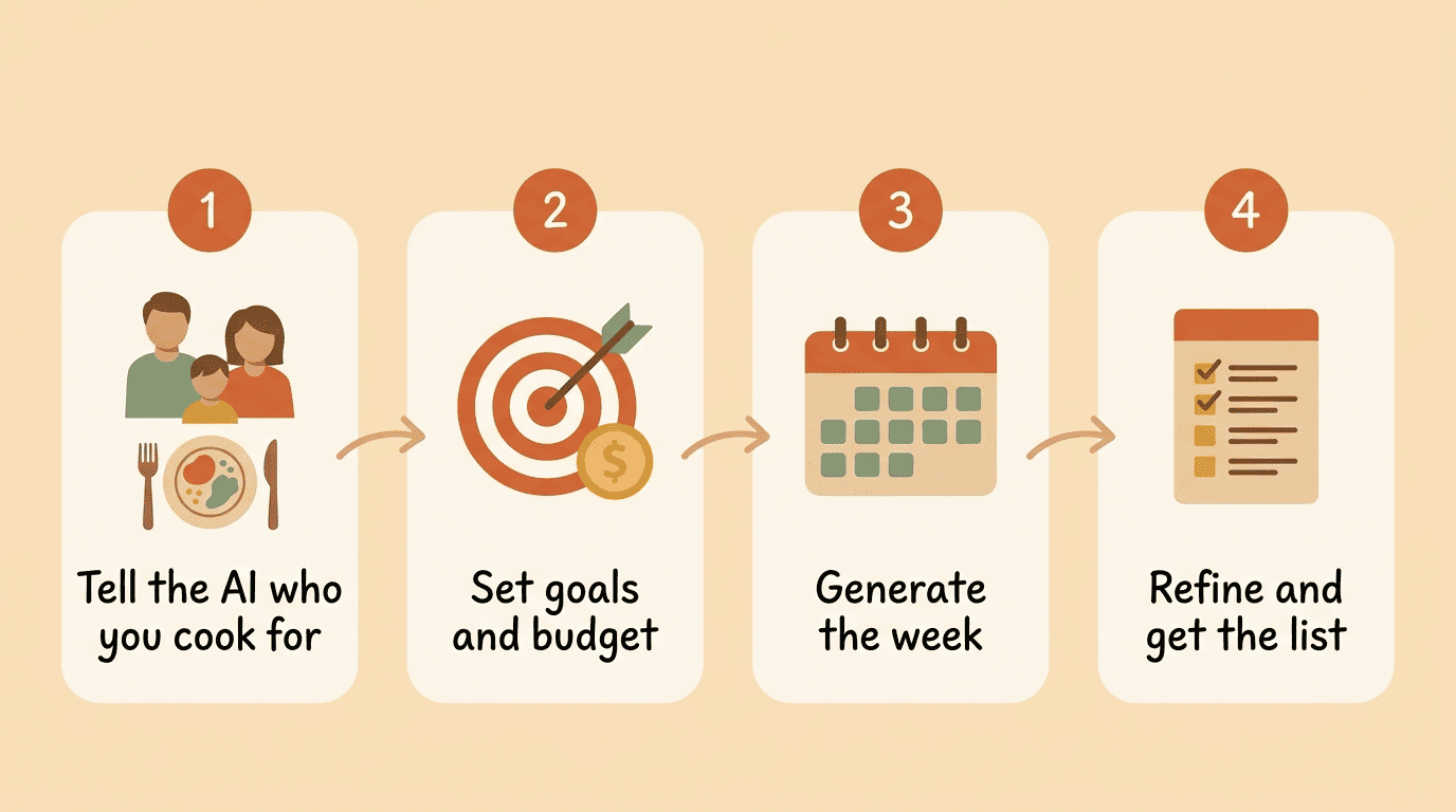 Four-step process: tell the AI who you cook for, set goals and budget, generate the week, refine and get the list
