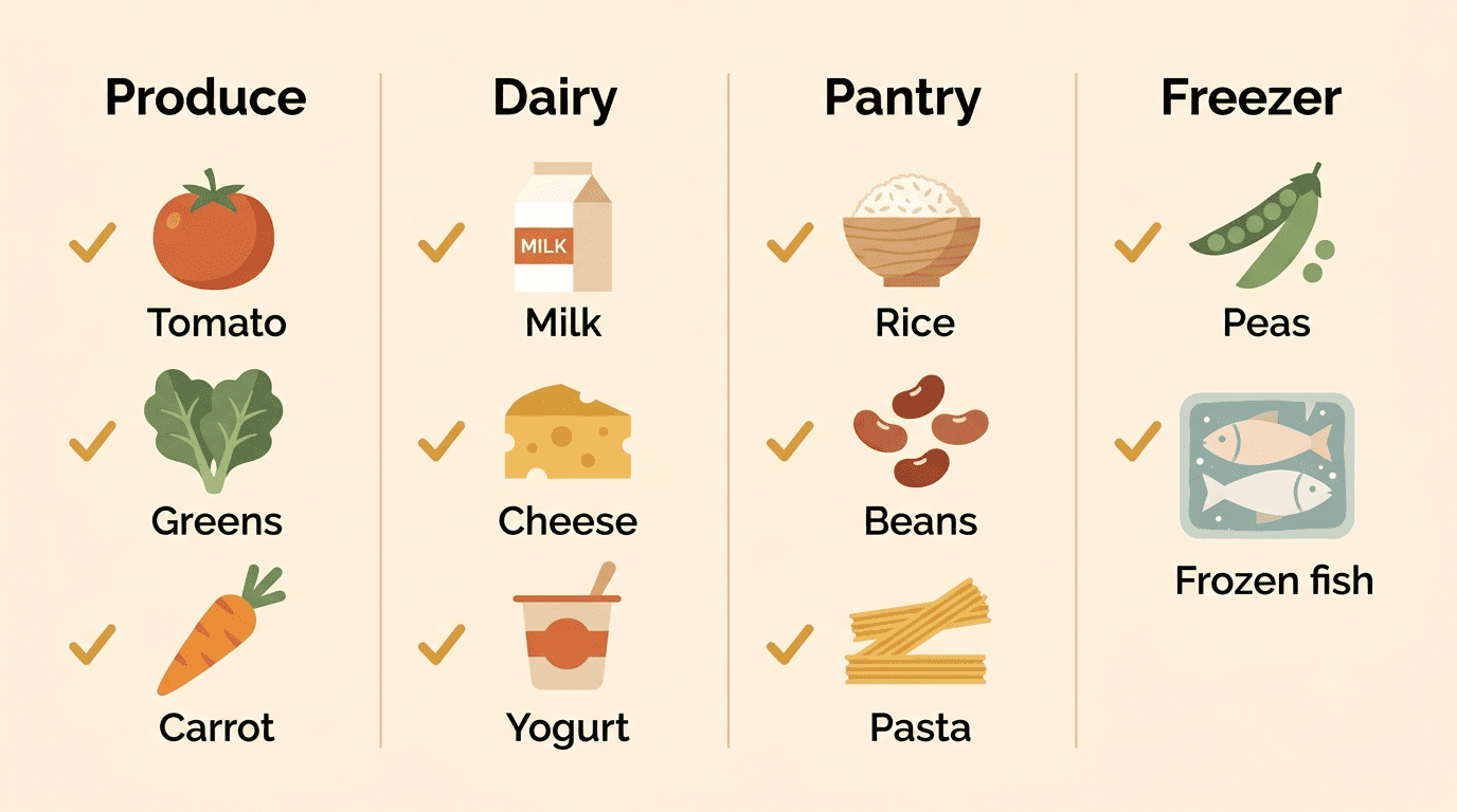 Grocery list grouped into produce, dairy, pantry, and freezer sections with checkmarks