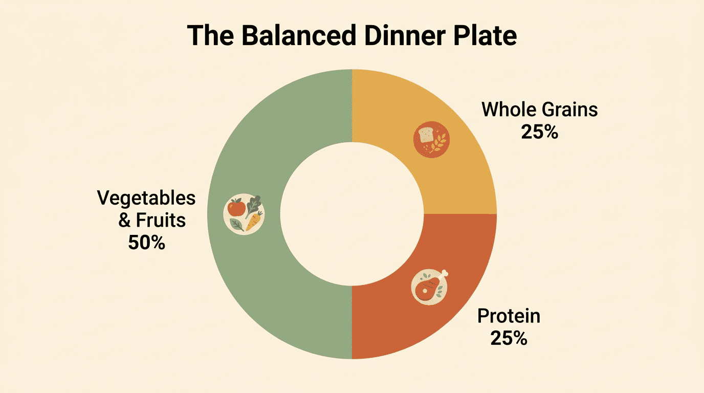 Donut chart of a balanced dinner plate: 50 percent vegetables and fruits, 25 percent whole grains, 25 percent protein