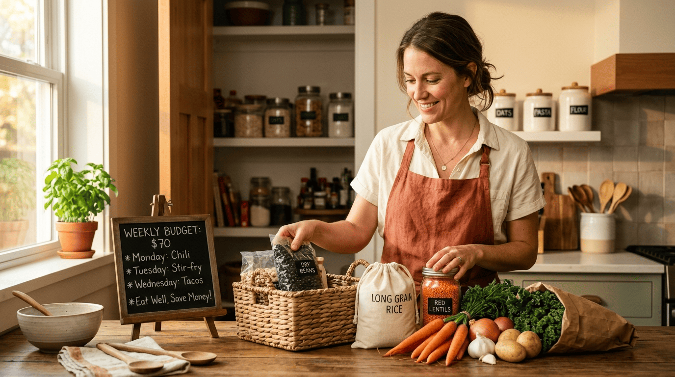 Home cook packing budget staples — dried beans, rice, lentils, seasonal produce — next to a weekly budget chalkboard