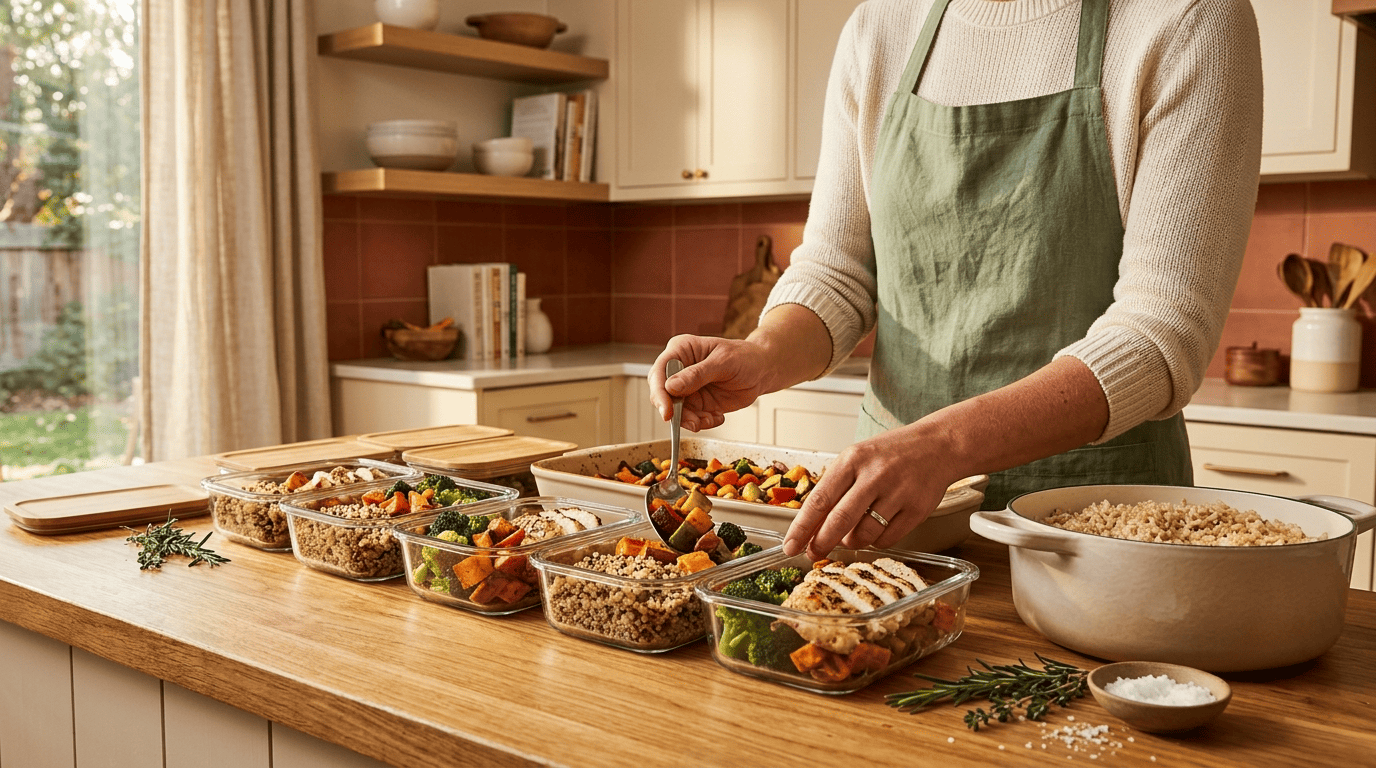 Sunday meal prep: glass containers portioned with grains, roasted vegetables, and protein on a wooden counter