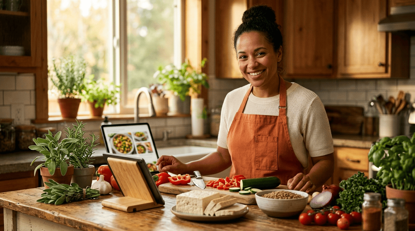 Home cook at the counter using an AI recipe generator on a tablet with tofu and fresh vegetables