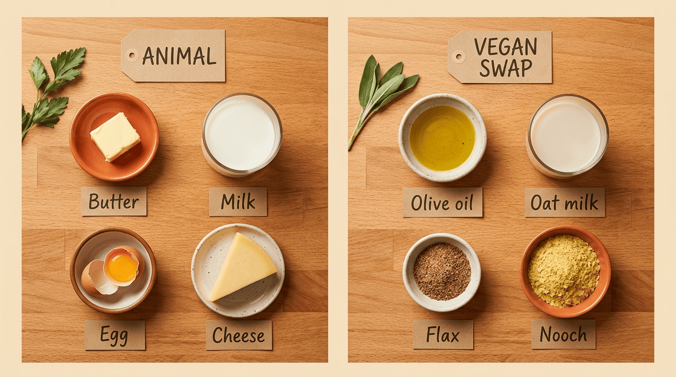 Side-by-side comparison of animal ingredients and their vegan swaps: butter, milk, egg and cheese versus olive oil, oat milk, flax and nutritional yeast