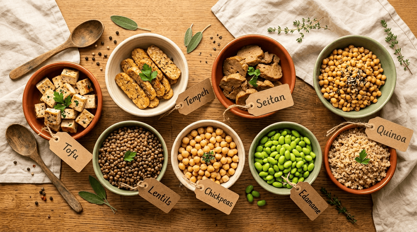 Bowls of vegan protein sources labeled tofu, tempeh, seitan, lentils, chickpeas, edamame and quinoa on a wooden counter