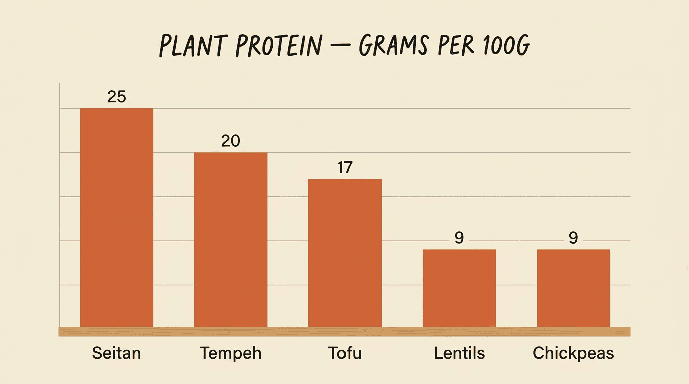 Bar chart of plant protein grams per 100g: seitan 25, tempeh 20, tofu 17, lentils 9, chickpeas 9