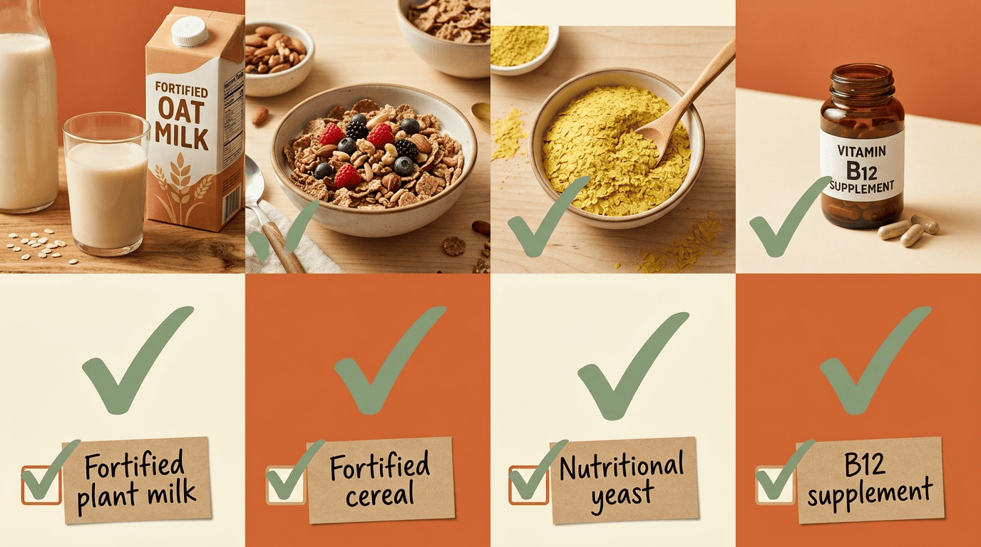 Four vegan vitamin B12 sources: fortified plant milk, fortified cereal, nutritional yeast and a B12 supplement