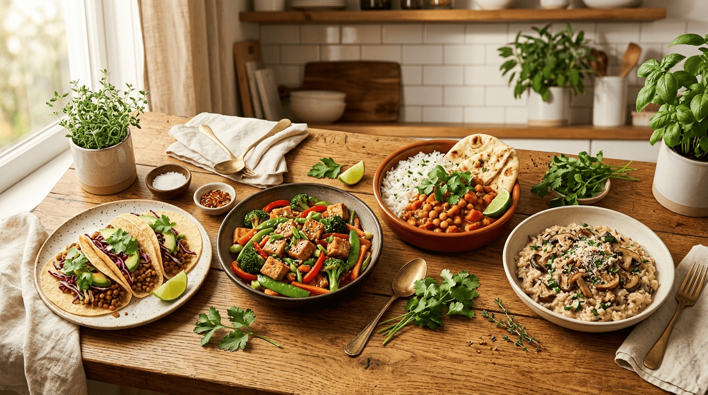 Spread of finished vegan dishes: lentil tacos, tofu stir-fry, chickpea curry with rice, and mushroom risotto