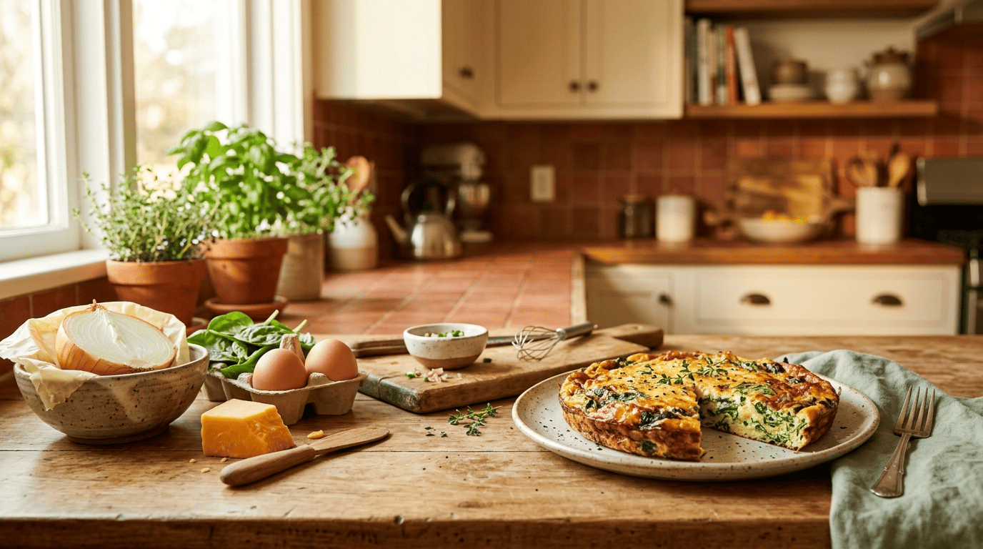 Leftover onion, spinach, eggs and cheese on a wooden counter beside a finished spinach frittata