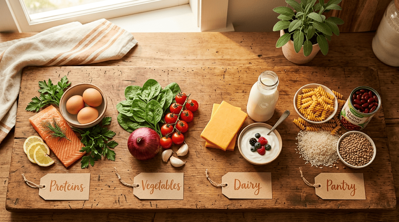 Fresh ingredients grouped into Proteins, Vegetables, Dairy and Pantry on a wooden board with kraft labels