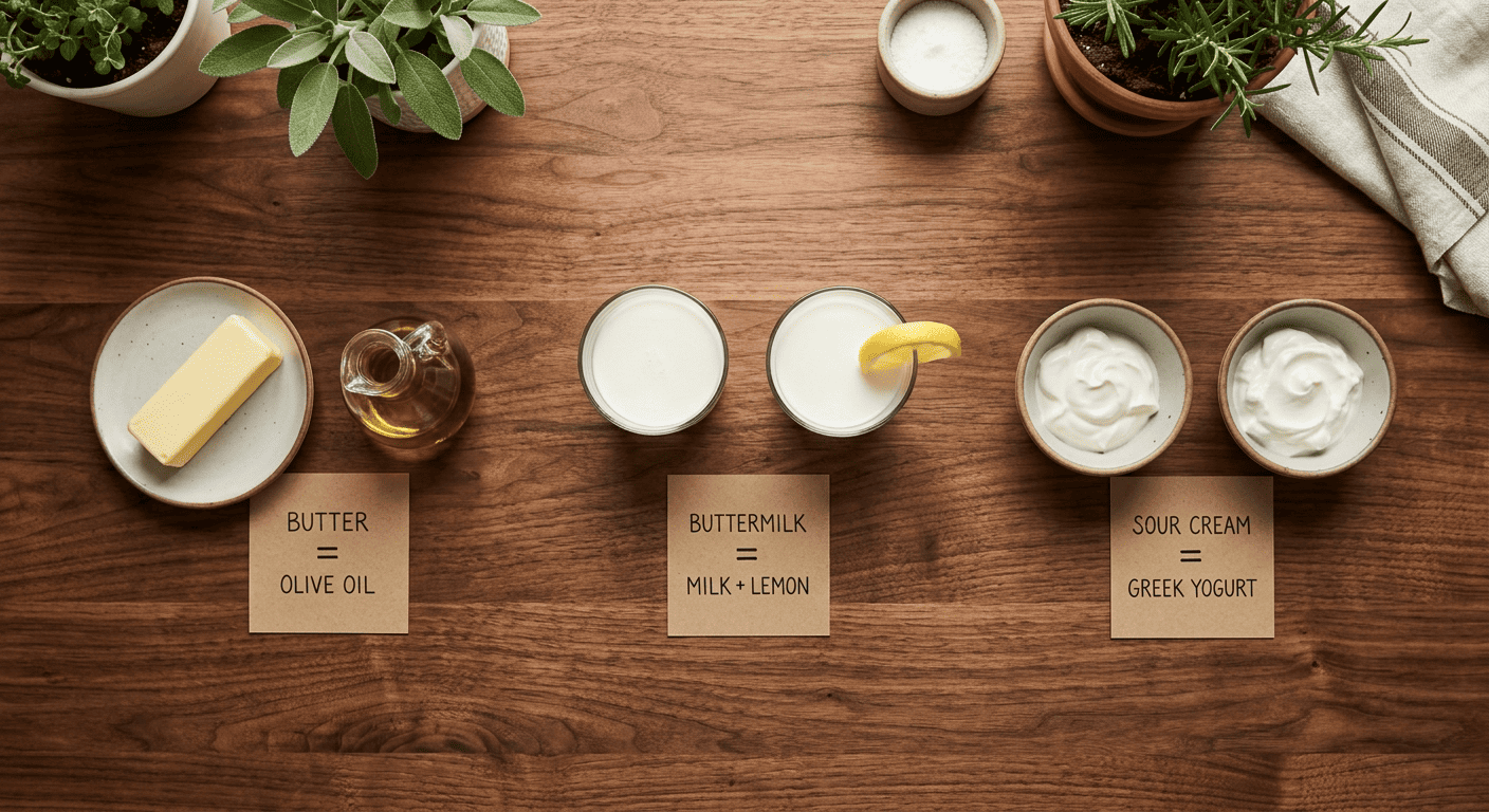 Side-by-side ingredient substitution pairs with kraft equals-sign cards on a wooden counter