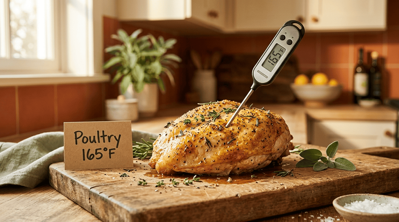 Instant-read thermometer reading 165°F in a roasted chicken breast beside a Poultry 165°F card