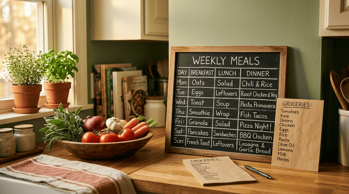 Kitchen chalkboard with a weekly meal plan and a handwritten grocery list on the counter