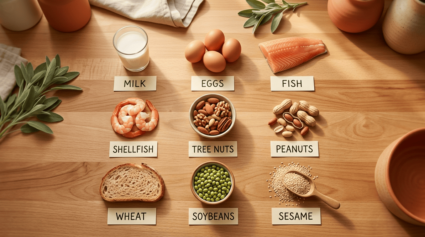 Flat-lay of the nine FDA major food allergens labeled on a wooden countertop