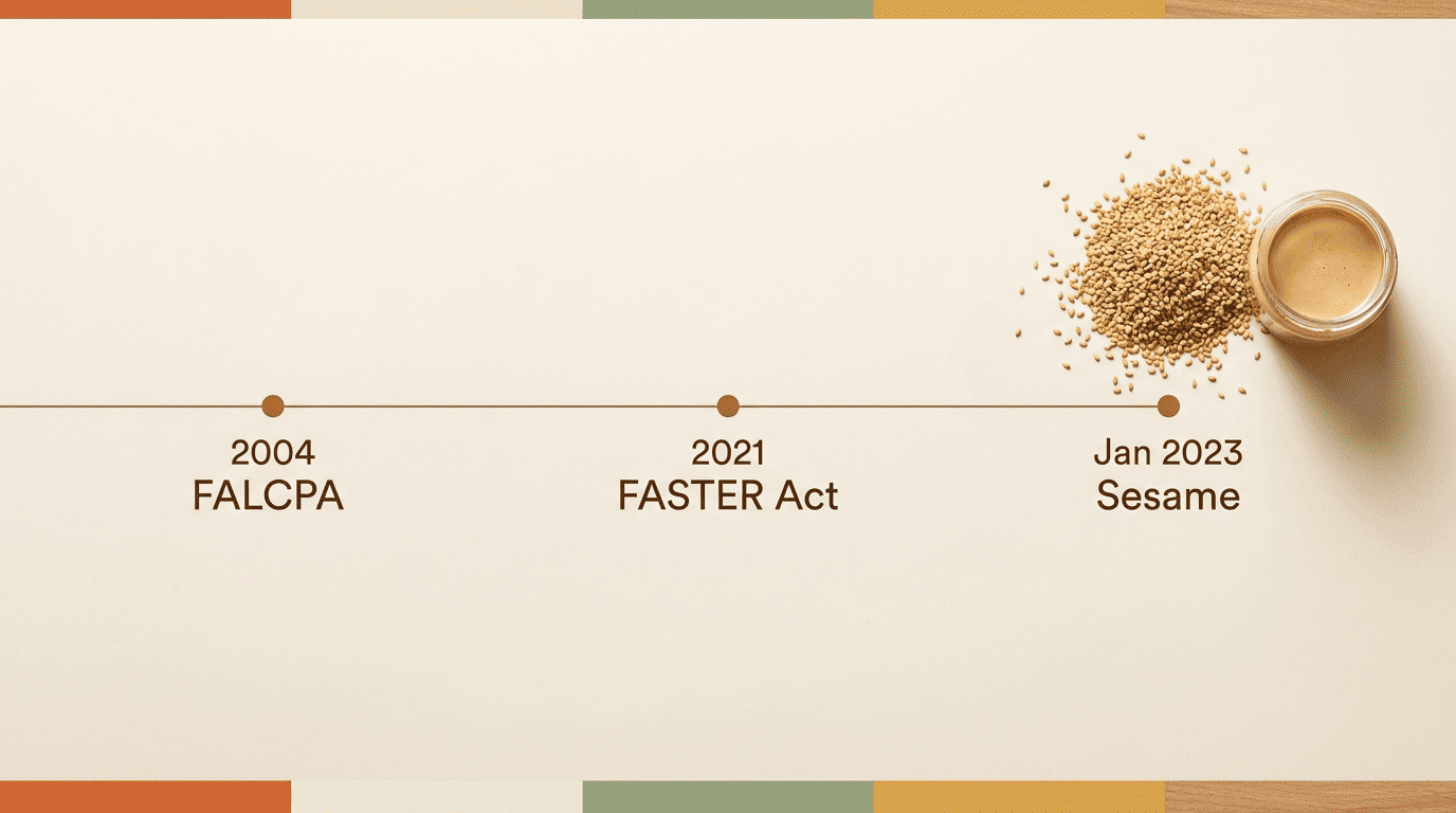 Timeline showing FALCPA in 2004, the FASTER Act in 2021, and sesame labeling required from January 2023