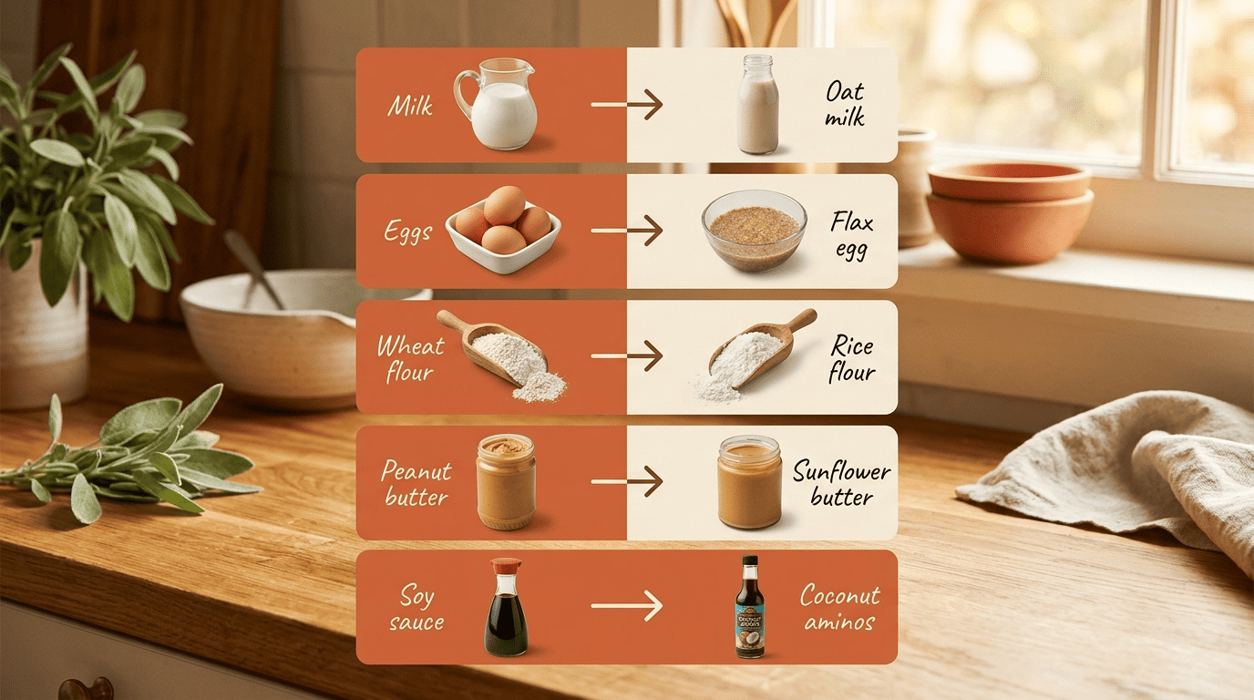 Allergen ingredient swaps: milk to oat milk, eggs to flax egg, wheat flour to rice flour, peanut butter to sunflower butter, soy sauce to coconut aminos
