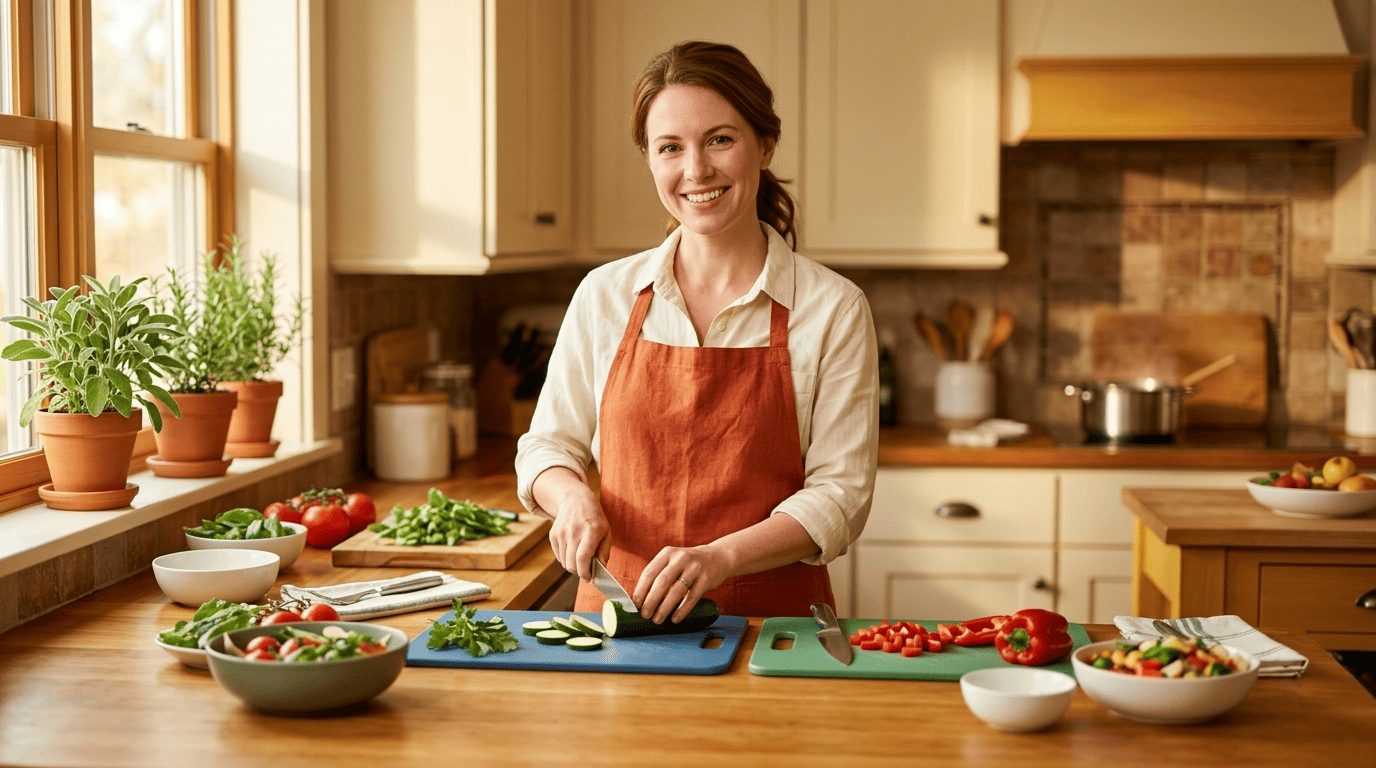 Home cook using two separate color-coded cutting boards to keep allergen-free food apart