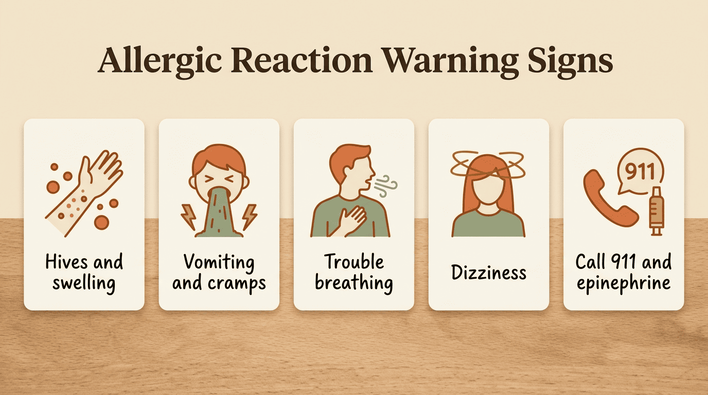 Warning signs of an allergic reaction: hives and swelling, vomiting and cramps, trouble breathing, dizziness, call 911 and epinephrine
