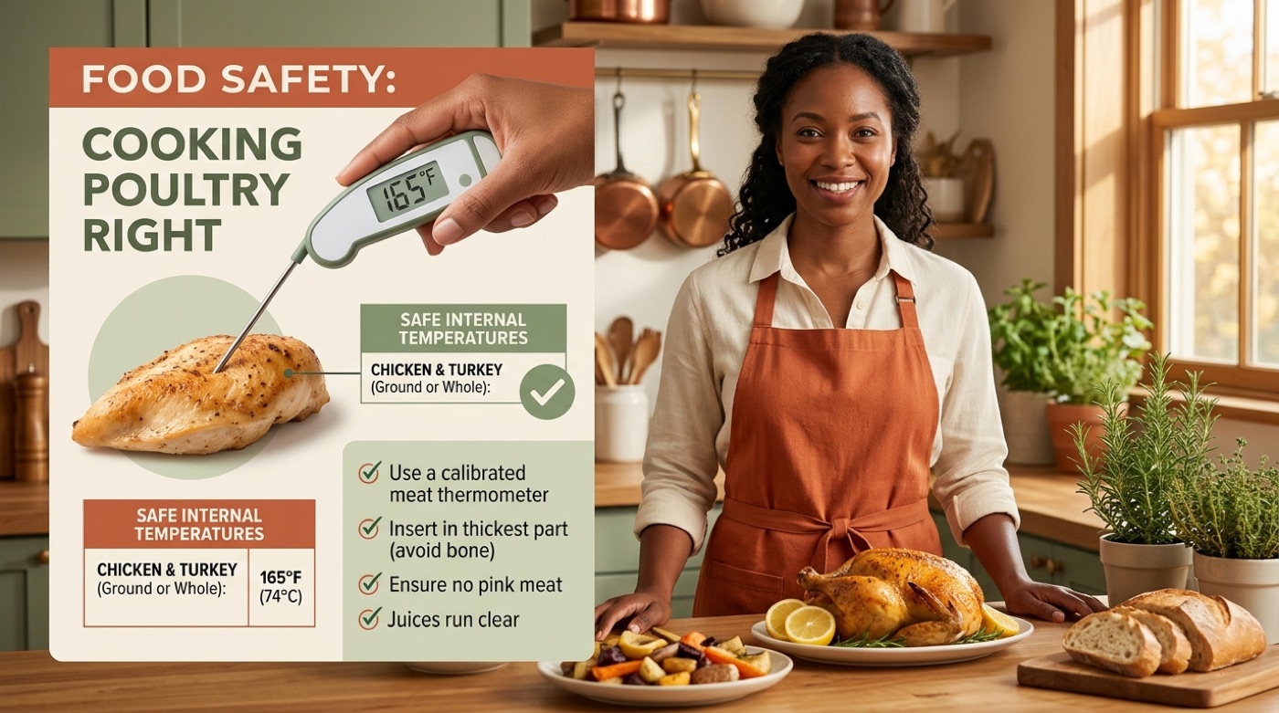 Food-safety infographic showing a meat thermometer reading 165 F in cooked poultry with a short checklist