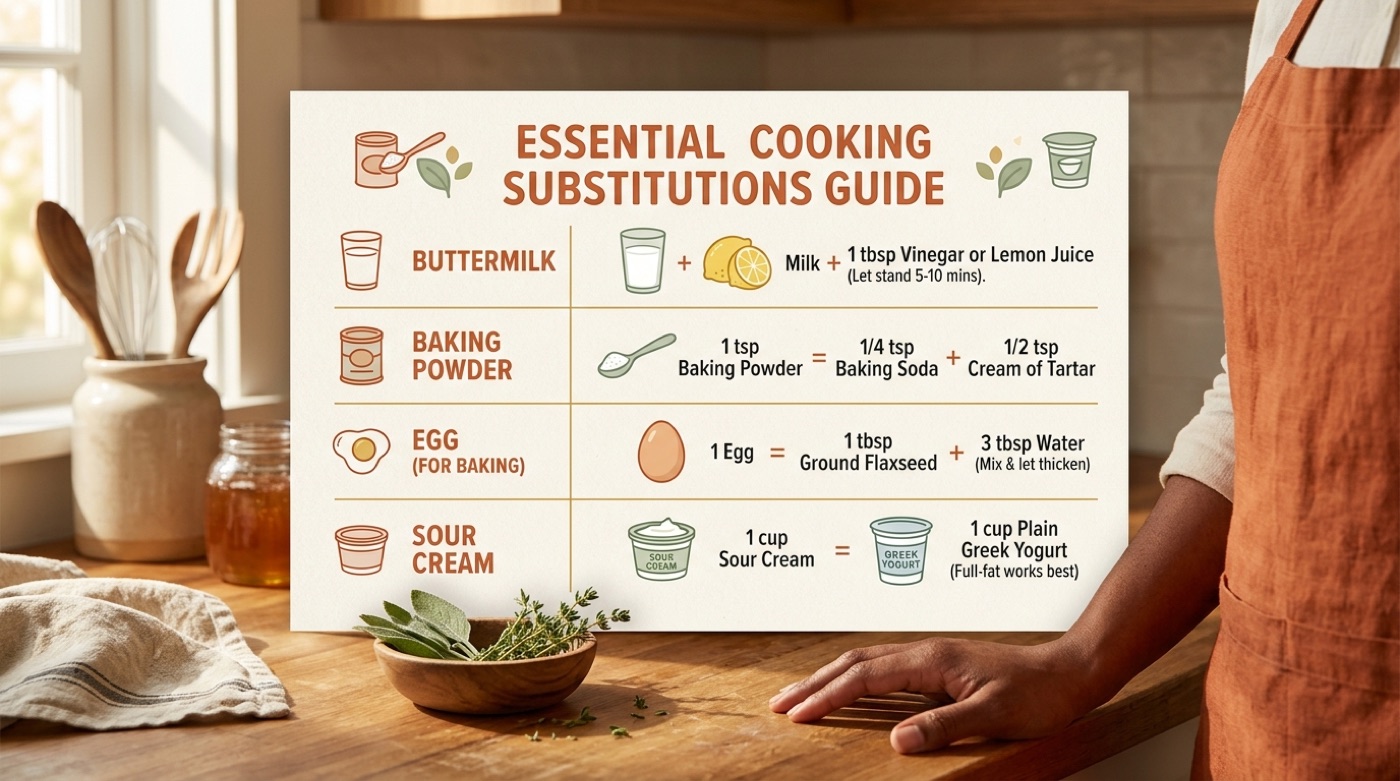 Warm-palette infographic of common cooking ingredient substitutions with simple ingredient icons