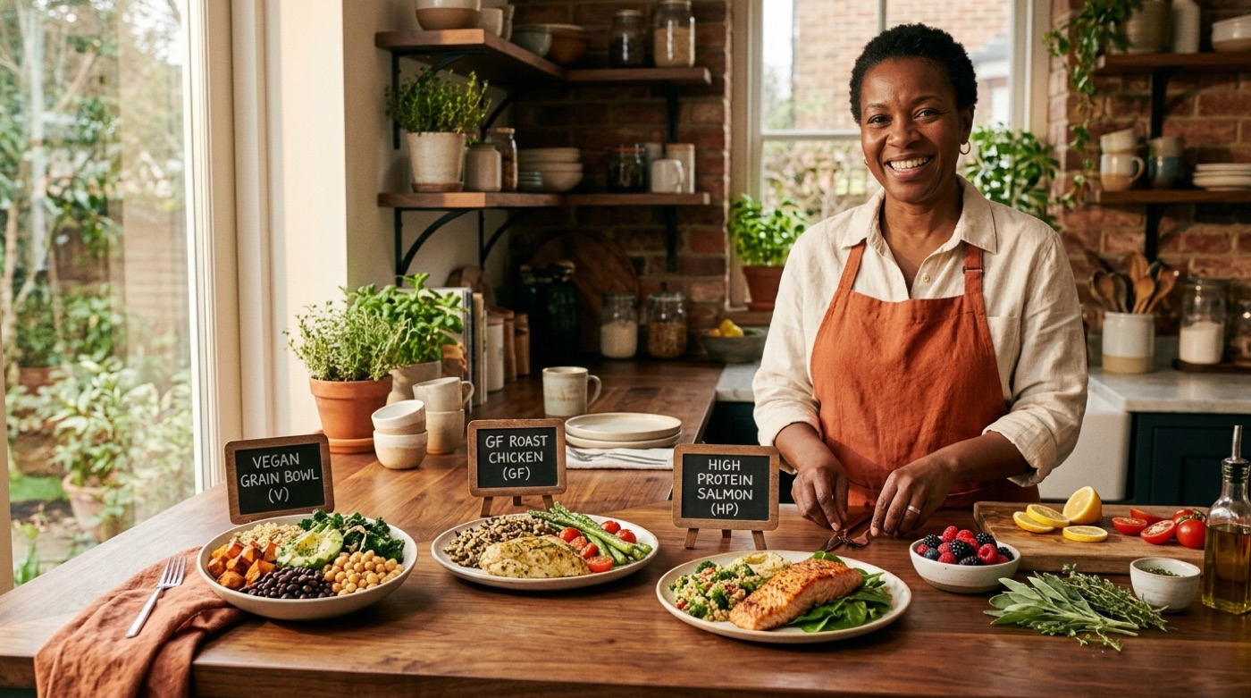 An inviting spread of dishes for vegan, gluten-free and high-protein diets on a warm wooden table