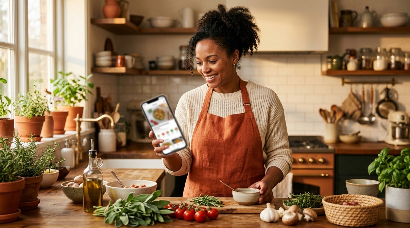 A person holding a phone whose recipe app suggests a dish from the fresh ingredients on the counter