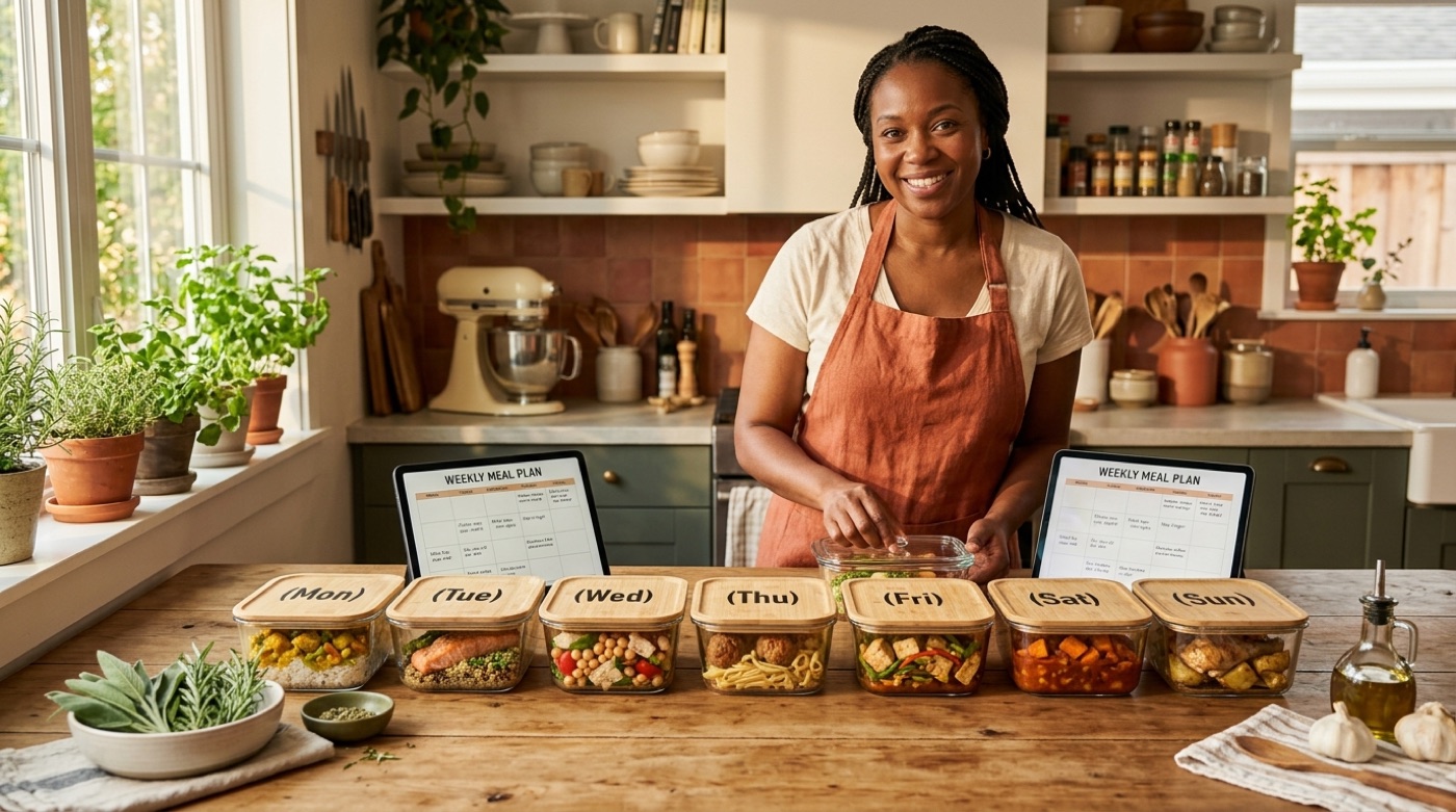 A full week of colorful prepped meals in glass containers laid out beside a meal-plan tablet