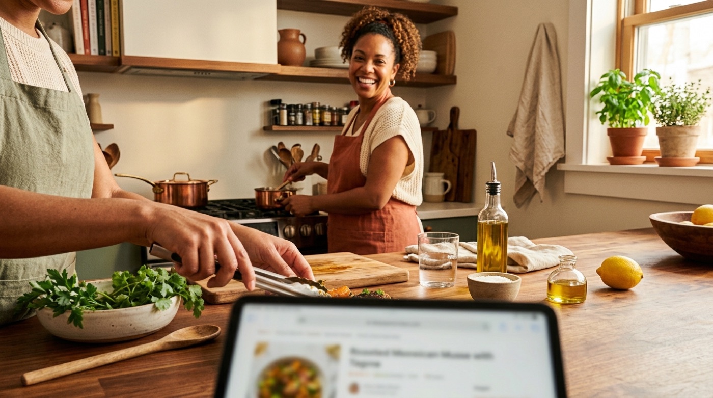 A home cook plating an appetizing dish next to a tablet showing recipe steps in a warm kitchen