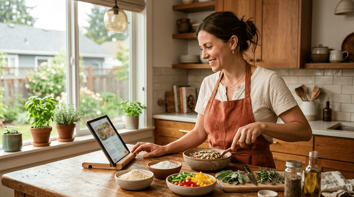 Home cook checking a recipe app on a tablet with gluten-free ingredients on the counter
