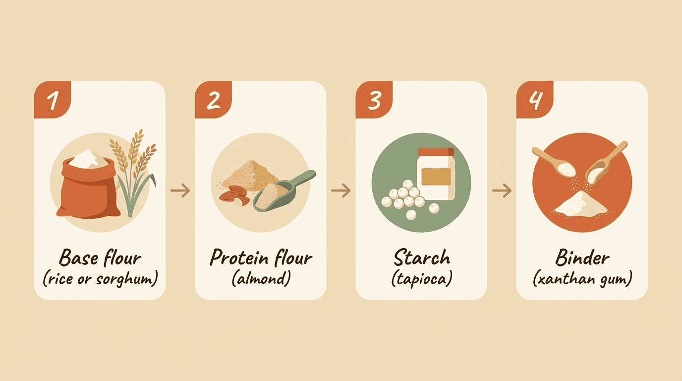 Four-part gluten-free flour blend: base flour, protein flour, starch, and binder