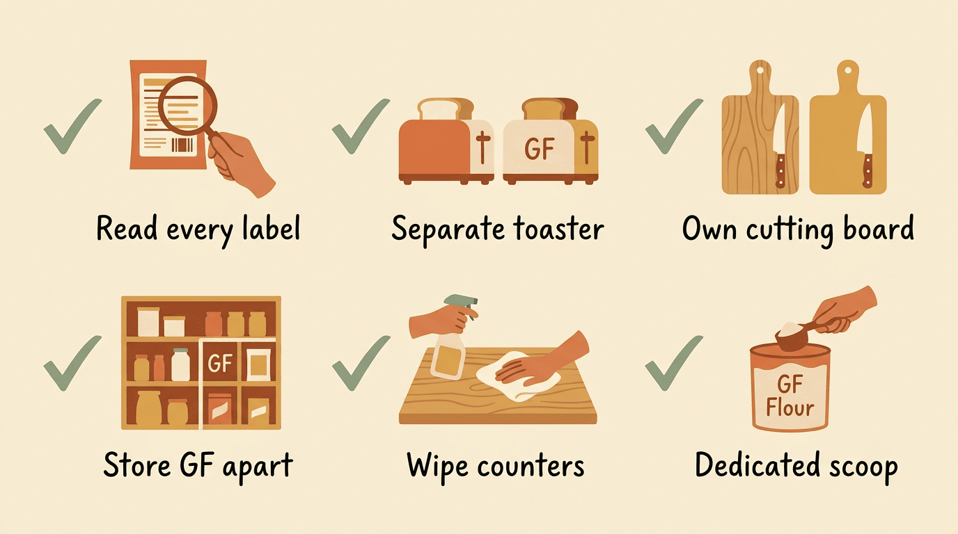 Checklist of steps to prevent gluten cross-contamination in a home kitchen
