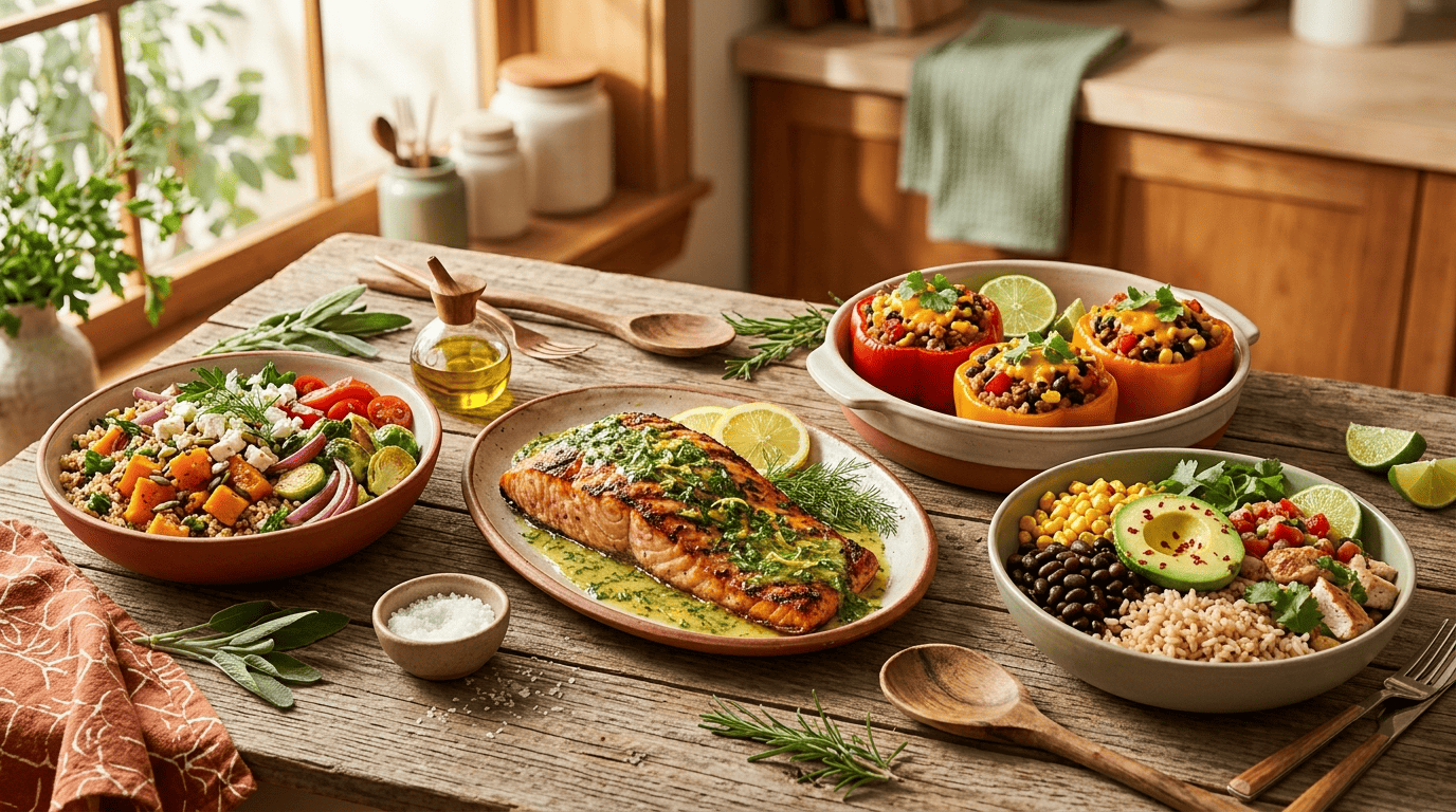 Spread of finished gluten-free dishes: quinoa salad, grilled salmon, stuffed peppers, and a rice bowl