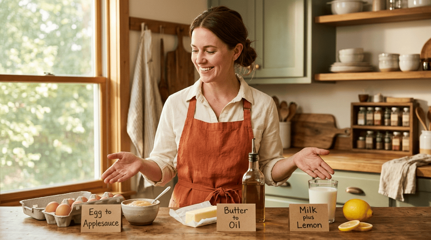 A home cook showing common ingredients next to their substitutes: eggs and applesauce, butter and oil, milk and lemon