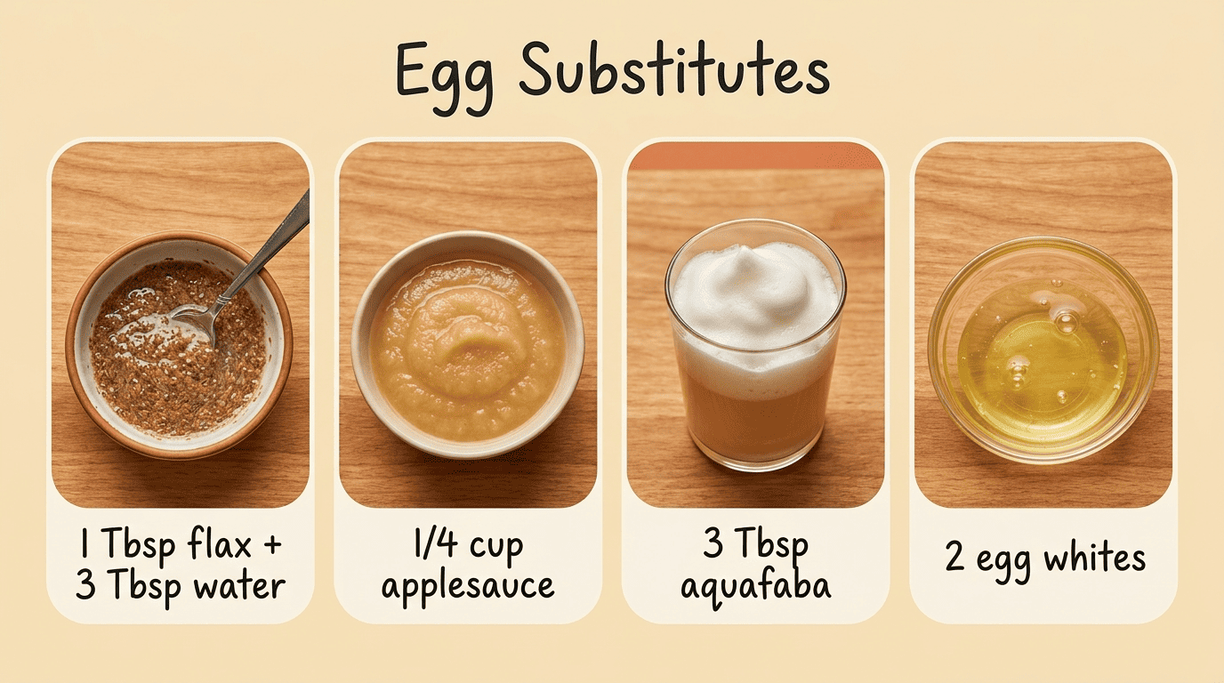 Four egg substitutes shown side by side: flax egg, applesauce, aquafaba, and egg whites with their ratios