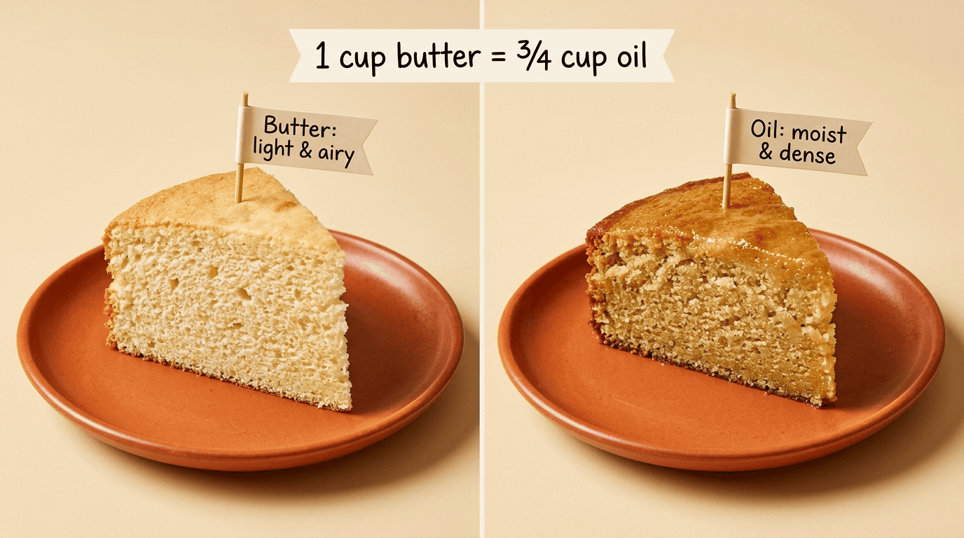Side-by-side cake slices comparing a light airy butter cake with a moist dense oil cake