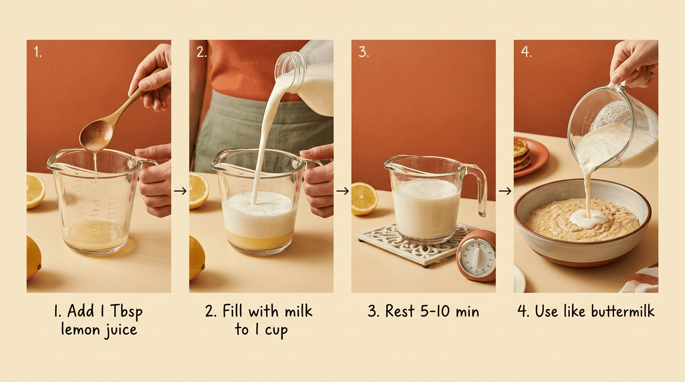 Four-step process for making buttermilk: add lemon juice, fill with milk, rest, then use in batter