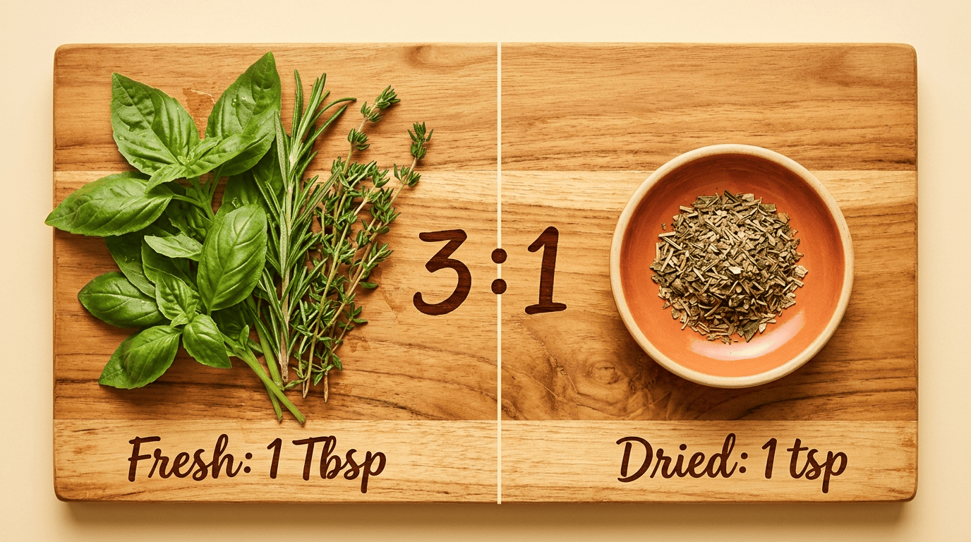 Fresh herbs on the left and dried herbs on the right showing the 3 to 1 substitution ratio
