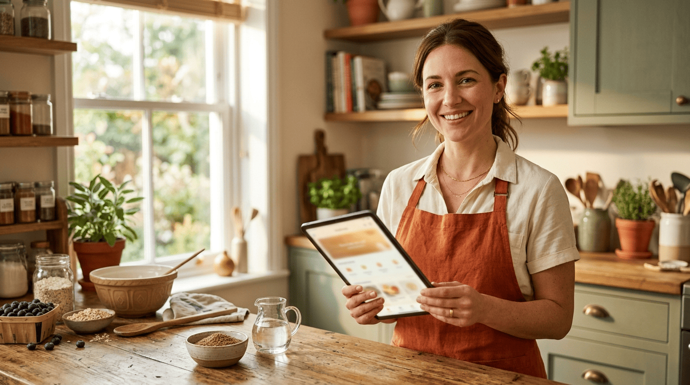 A home cook in her kitchen holding a tablet with a recipe app that suggests an ingredient swap, flaxseed and water on the counter