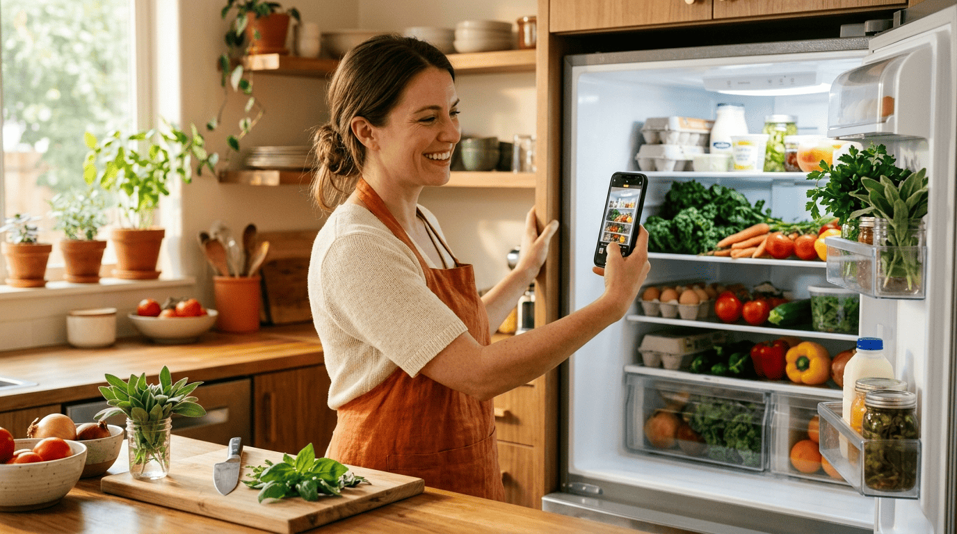 Home cook photographing her open fridge full of fresh ingredients with a smartphone
